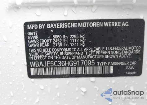 2017 BMW 540I z USA, uszkodzony, nr VIN WBAJE5C36HG917095
